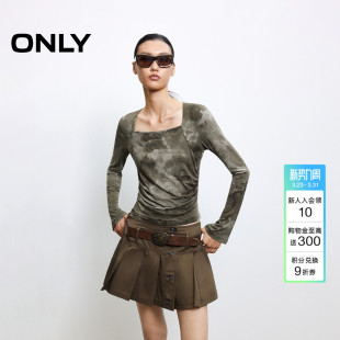 上衣T恤女 侧腰褶饰晕染印花方领剪裁长袖 ONLY2026春季 新款