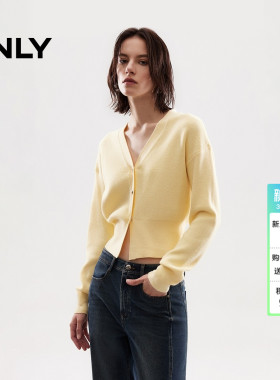 ONLY春季显瘦宽螺纹下摆V领黄色短款宽松落肩针织开衫上衣女