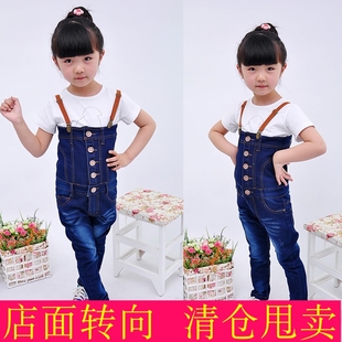 包邮女童牛仔背带裤韩版裤子系带裹胸女童牛仔裤连体长裤潮