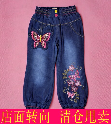 新款童装女童宝宝秋冬加绒加厚缩口牛仔裤棉裤儿童长裤靴裤灯笼裤