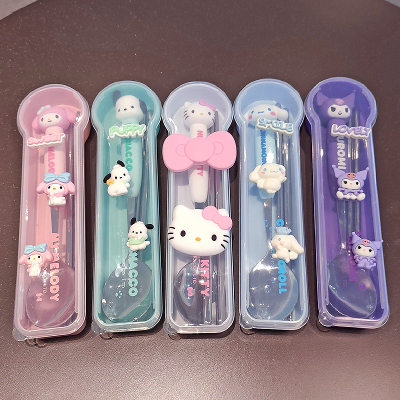 正品三丽鸥304不锈钢便携餐具单人儿童卡通筷子勺子上班族三件套