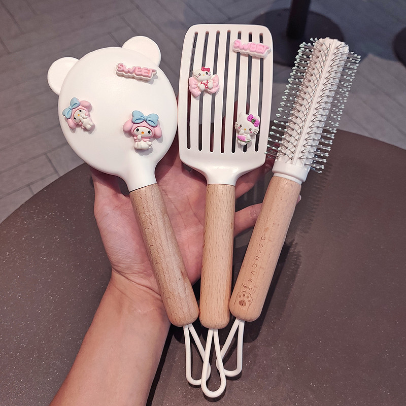 日系实木可爱气垫梳大弯梳卷发梳三件套高颜值卡通按摩梳子少女心