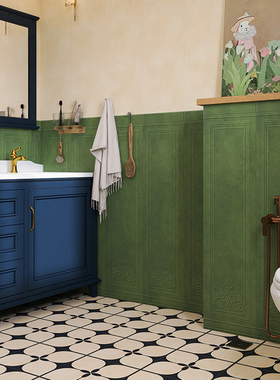 法式复古卫生间瓷砖1200中古风浴室厕所背景墙花砖红黑护墙板