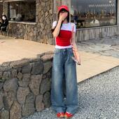 显瘦直筒 女2025春秋新款 艾恩晟浅蓝色复古宽松阔腿裤 慵懒风牛仔裤