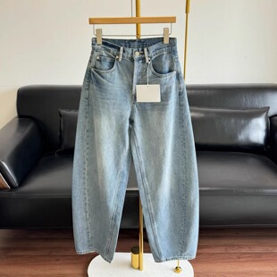 新款时尚水钻做旧磨白宽松显瘦显高舒适纯棉休闲百搭弯刀牛仔长裤