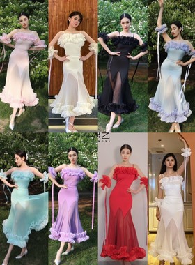 鲸艺摩登舞服套装演出服新款吊带上衣长裙白色黑色粉色紫色蓝色绿