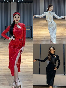 Wendy拉丁舞服中国风旗袍套装黑白红色长袖上衣半身裙艺考表演女