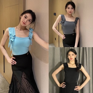 鲸艺拉丁舞服吊带抽绳连体衣蓝色灰色摩登练舞上衣分体套装华尔兹