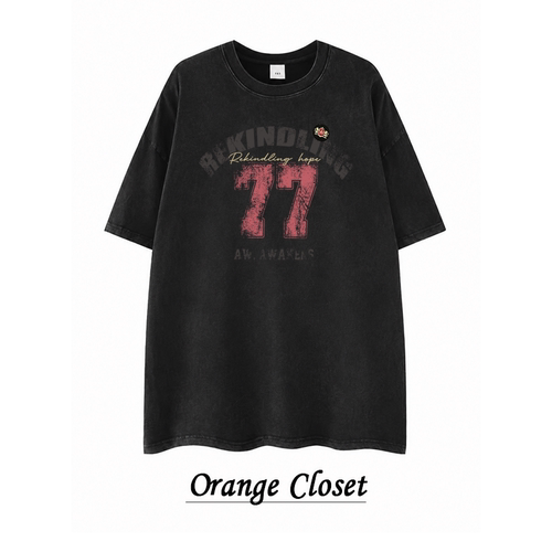 美式复古水洗做旧重磅纯棉短袖T恤男女宽松oversize77字母印花