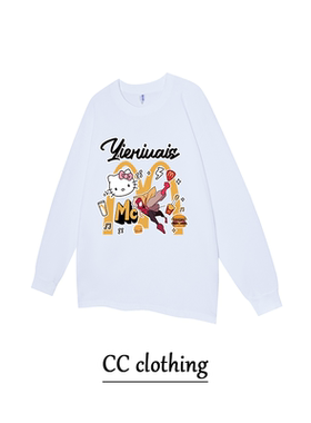 纯色秋冬季卡通哈喽kitty长袖印花纯棉圆领长袖男女潮牌百搭上衣