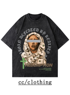 美式水洗做旧复古灰纯棉短袖T恤女夏季宽松高街ins潮牌半截袖上衣