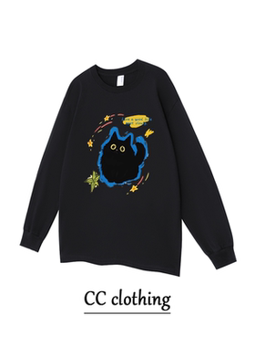 美式纯色长袖秋冬季黑色小猫印花纯棉长袖男女潮牌重磅百搭上衣