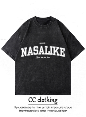 美式高街字母印花NASALIKE潮流水洗做旧短袖T恤青少年百搭上衣