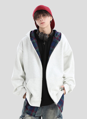 美式复古慵懒风男女秋冬重磅拼接撞色假两件格子开杉外套痞帅小众