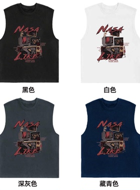 夏季复古高级感宽松260克纯棉圆领重磅男女同款运动印花休闲背心