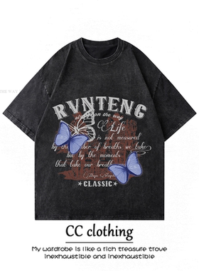 美式复古街头蝴蝶字母设计印花水洗做旧短袖潮牌小众高街重磅T恤