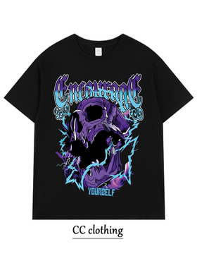 美式骷髅头字母创意印花T恤潮牌高街纯棉男女学生圆领宽松短袖