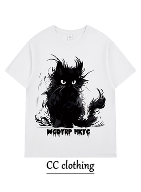 美式休闲黑色猫咪创意印花T恤潮牌高街纯棉男女学生圆领宽松短袖