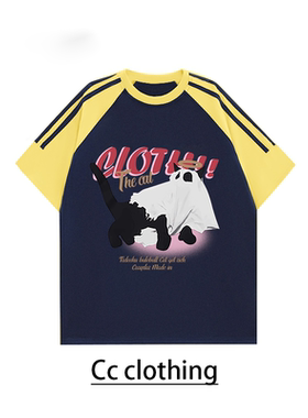 美式休闲撞色插肩T恤幽灵小猫纯棉圆领宽松重磅短袖嘻哈男女上衣