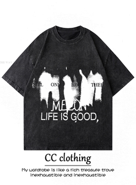 美式小众潮牌字母设计印花水洗做旧短袖重磅T恤街头宽松上衣