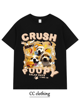 美式休闲狗狗创意印花T恤潮牌高街纯棉男女学生圆领宽松短袖