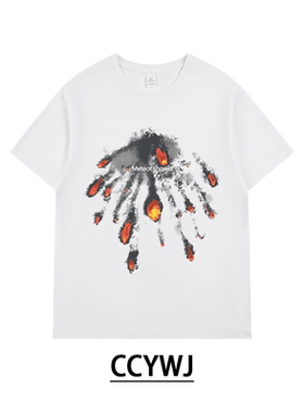 美式夏季高级感松弛感T恤火球印花纯棉男女百搭同款宽松圆领短袖