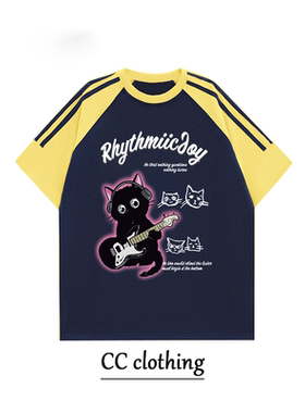 美式休闲撞色插肩T恤黑猫印花纯棉圆领宽松重磅短袖嘻哈男女上衣