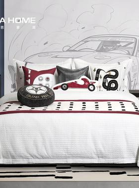 现代趣味儿童房简约样板间ins格兰披治大赛车主图车轮床品四件套