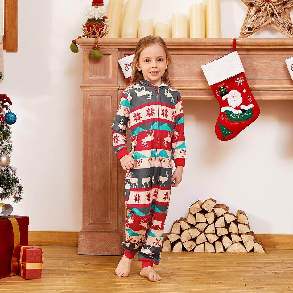 INS 크리스마스 유럽과 미국의 대외 무역 가족 부모-자식 착용 엘크 프린트 후드 점프 슈트 홈웨어 잠옷 봄과 가을