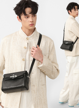 NESBIT高级感真皮男包2025新款轻奢银扣凯莉包单肩斜挎牛皮小方包