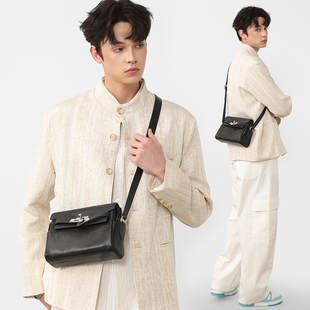 NESBIT高级感真皮男包2025新款轻奢银扣凯莉包单肩斜挎牛皮小方包