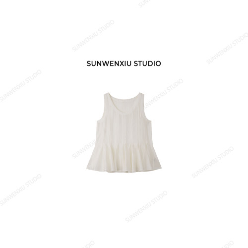 swx studio 纯氧少女 法式简约真丝醋酸压褶无袖A摆夏日小衫593B