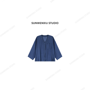 洋蓝麻 100%苎麻复古简约宽松蓝色衬衣1332A studio swx