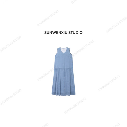 swx studio 海盐小格 100%棉纱超柔软糯无袖休闲松弛感连衣裙524A