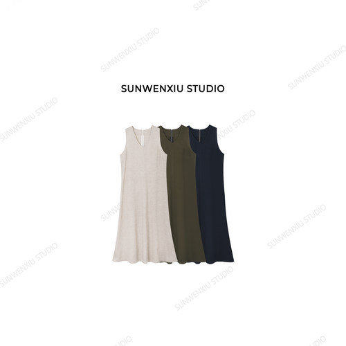 swx studio 旧时光 天丝亚麻挂脖挖肩极简高级感无袖连衣裙 可裁