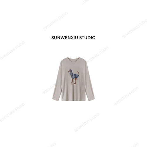 swx studio 燕麦小狗 天丝羊毛简约印花空调房长袖打底T恤321B