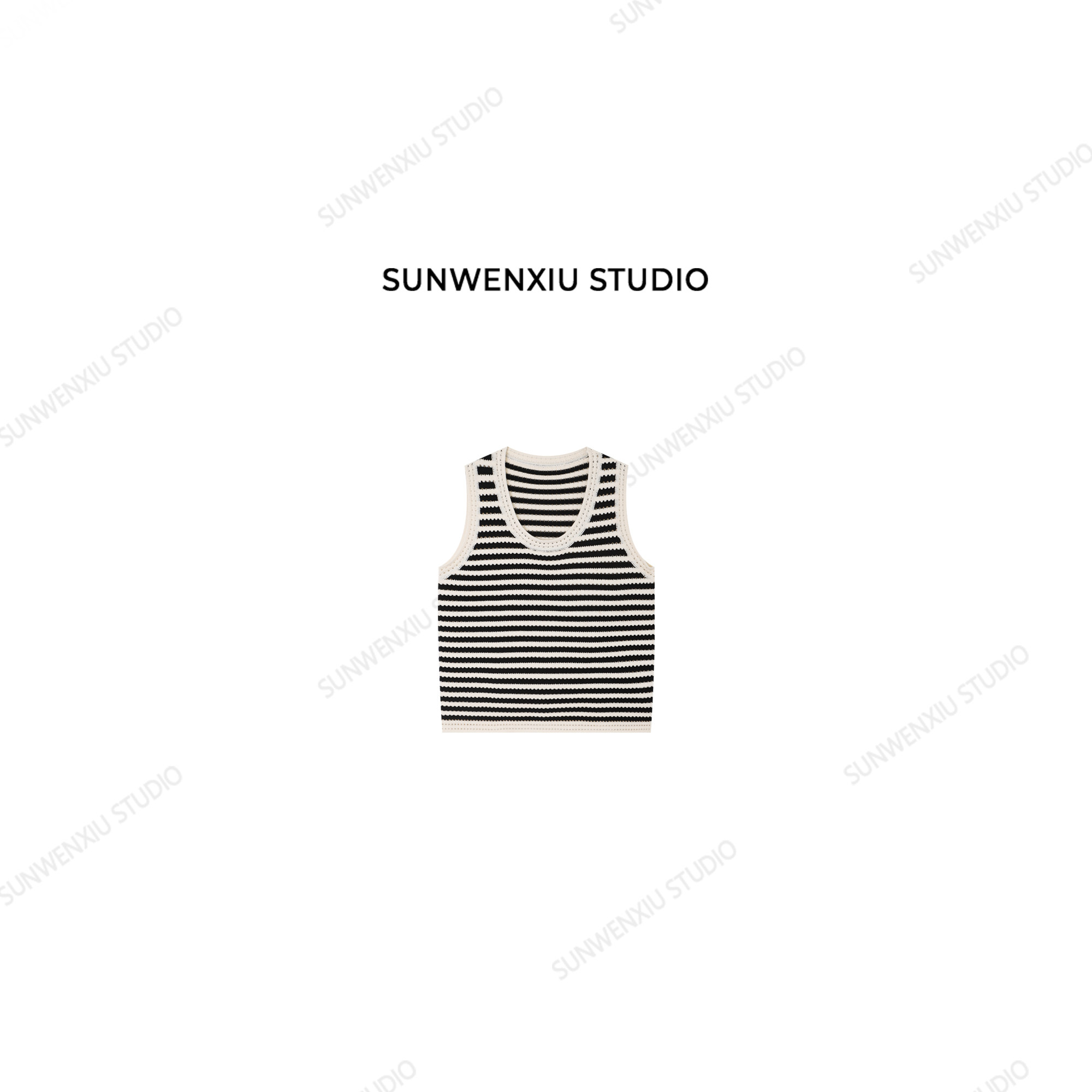 swx studio 惬意日常 极简撞色遮副乳条纹花针针织无袖背心4119