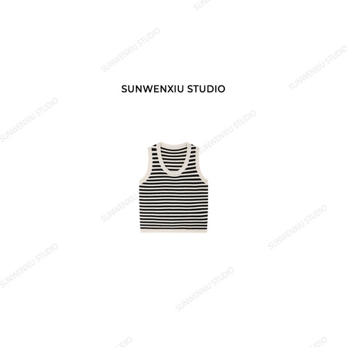 swx studio 惬意日常 极简撞色遮副乳条纹花针针织无袖背心4119