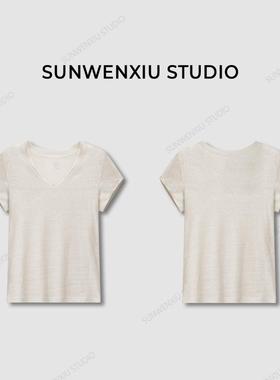 swx studio “赵露丝同款”100%亚麻原麻色轻薄透气v领极简风T恤