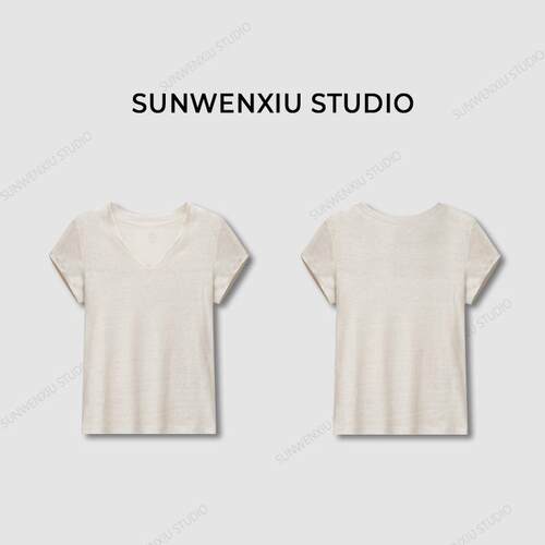 swx studio “赵露丝同款”100%亚麻原麻色轻薄透气v领极简风T恤