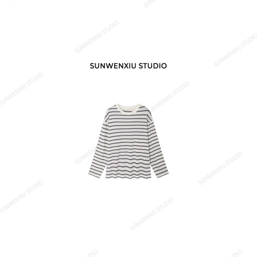 swx studio 蓝条条 砂洗棉麻条纹对条工艺圆领百搭长袖T恤479C