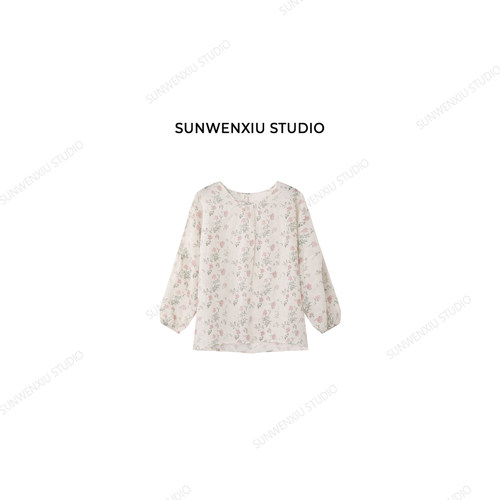 swx studio 盛夏花季 100%苎麻韩系小清新花朵印花长袖衬衫486C