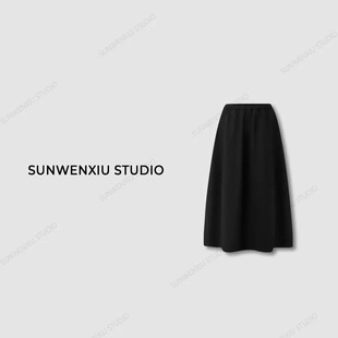 孙文秀studio花苞裙定位立体剪裁羊毛混纺黑色松紧腰半身裙伞裙