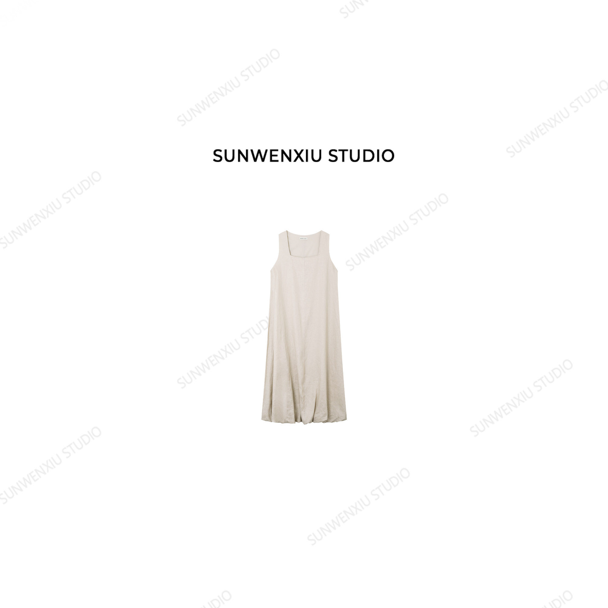 孙文秀studio 云朵麻 100%亚麻方领无袖花苞设计感连衣裙347C图片
