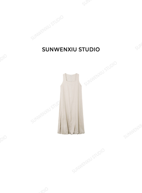 孙文秀studio 云朵麻 100%亚麻方领无袖花苞设计感连衣裙347C