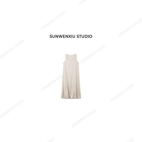 孙文秀studio 云朵麻 100%亚麻方领无袖花苞设计感连衣裙347C