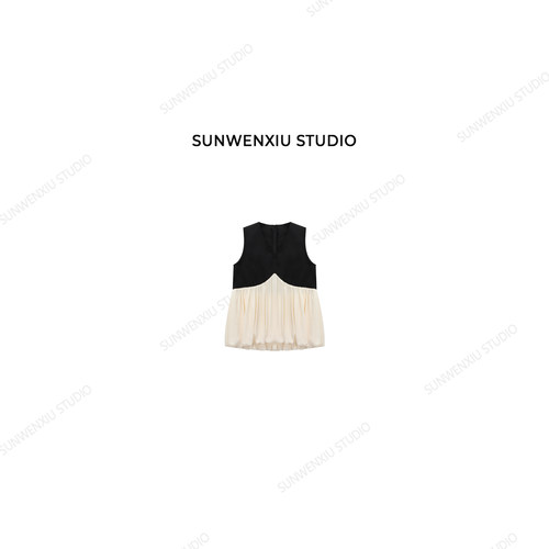 swx studio 小荷尖尖2.0 撞色拼接荷叶摆精致感无袖上衣6190B