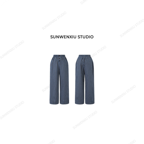 swx studio 悠哉裤 夏日复古蓝格纹宽松慵懒松紧腰休闲裤253A