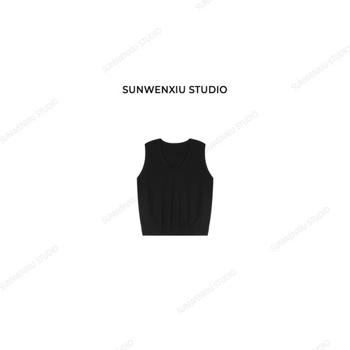 swx studio  玩叠穿 高级感极简羊毛无袖黑色针织套头马甲4336