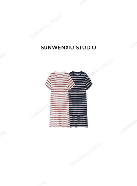 swx studio 松弛天菜 极简高品质大牌休闲宽松条纹T恤连衣裙559C